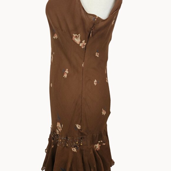 Fairy Cottage Core Dress Frilled Layer Midi Silk Brown Floral 12 Nicole Miller - Picture 4 of 16